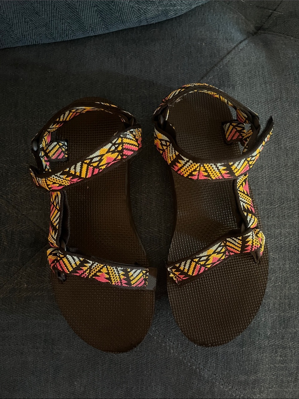 Teva Women's Black Sandals with Pink & Yellow Patterned Straps